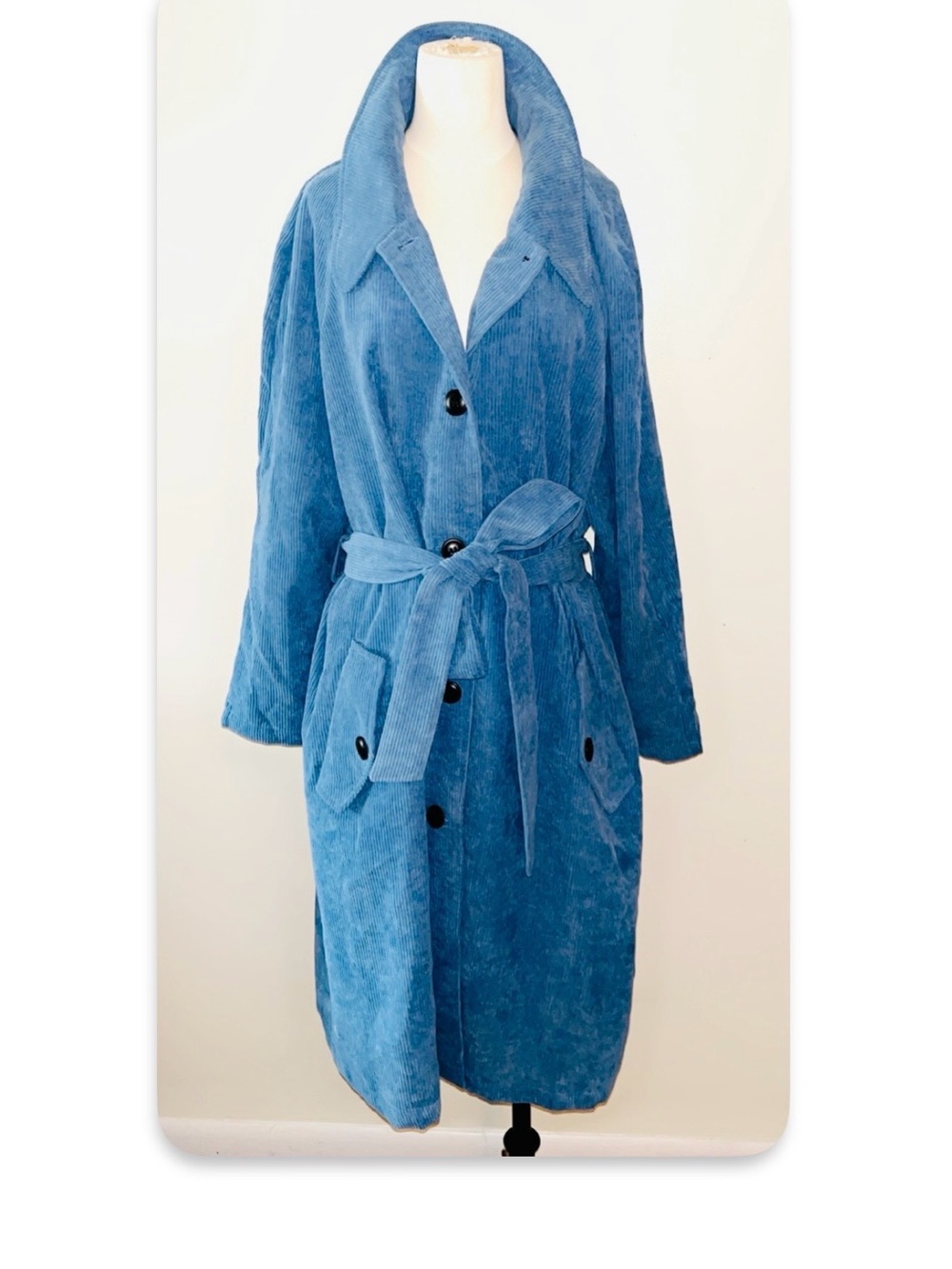 Plus Size Blue Belted Corduroy Trench Coat - Women's Jacket